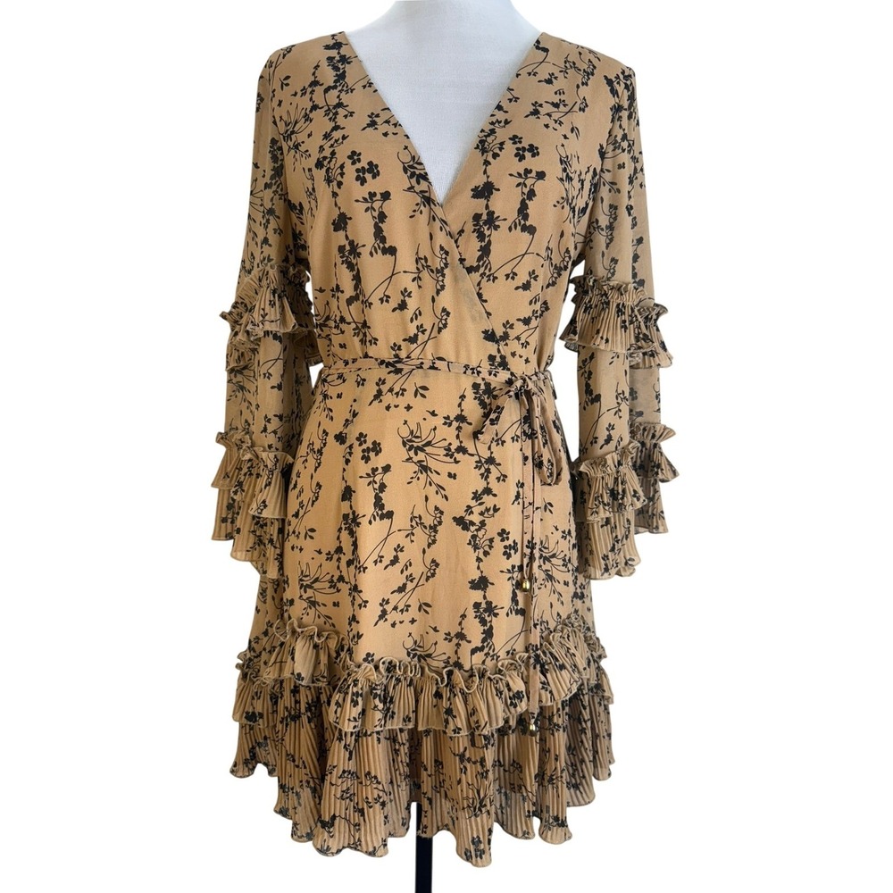 Saints Secrets Tan Black Floral Ruffle Mini Dress Coquette Woodsy‎ Fairy Size M